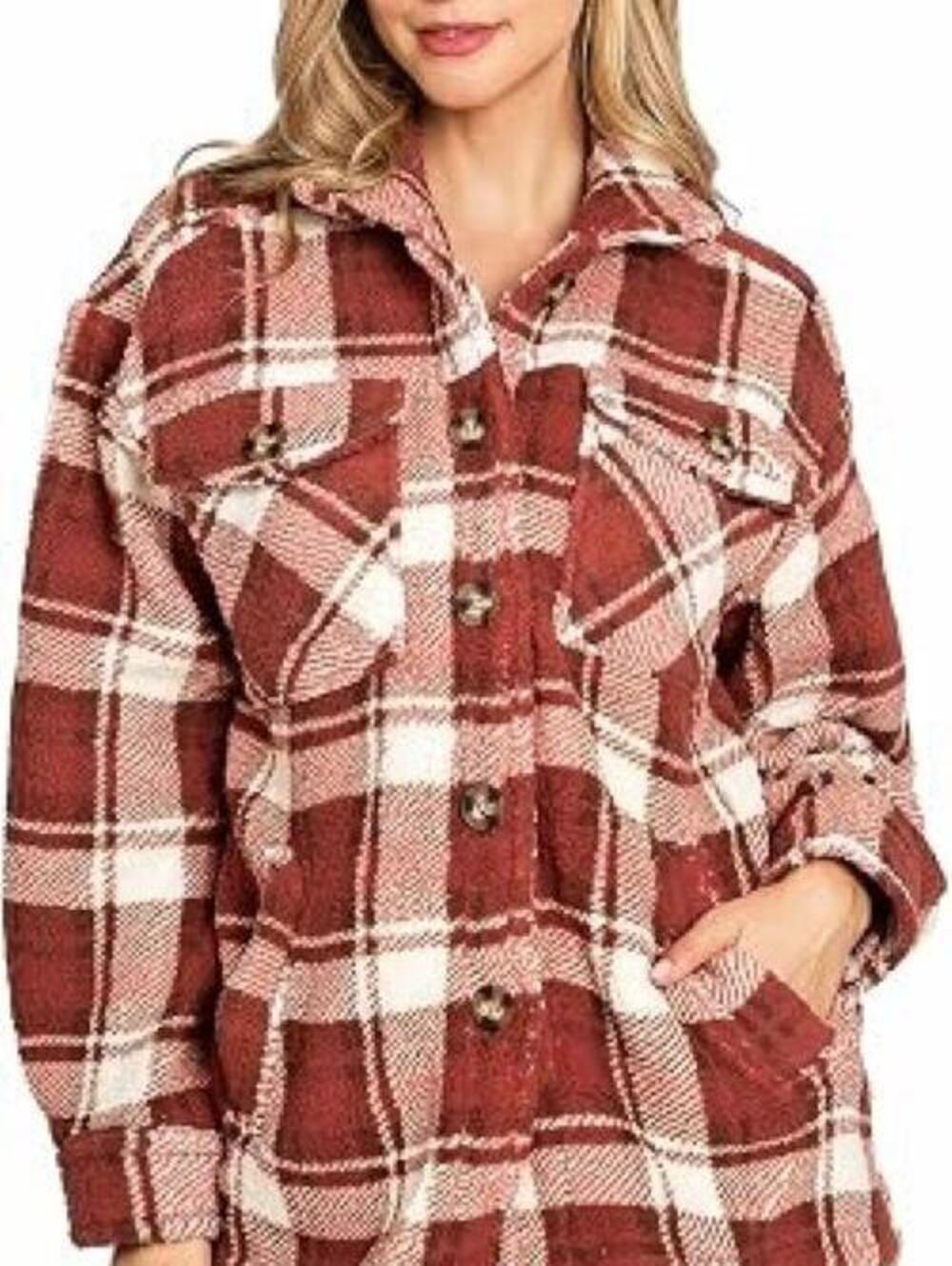 Love Tree Large Cozy Soft Sherpa Teddy Plaid Shacket Terracotta Oversized Jacket